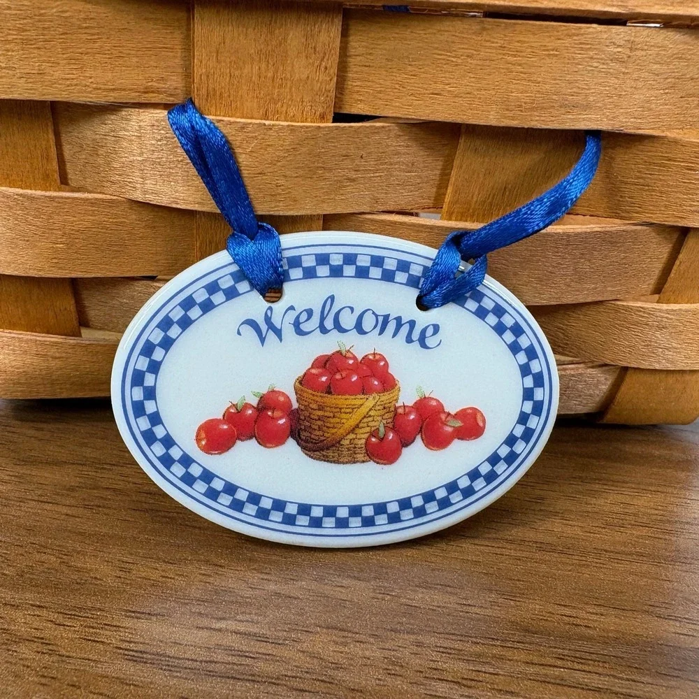 Longaberger Basket Leather Handles Ceramic Welcome Handwoven Basket 7
